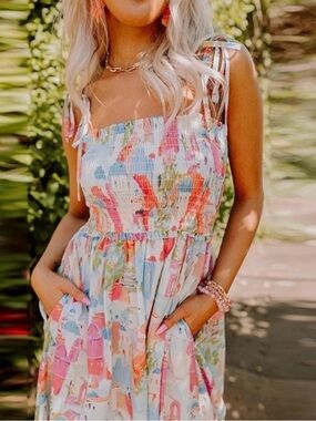 NWT  Entro Pastel Blue and Pink Watercolor Santorini Dreamin’ Midi  Dress